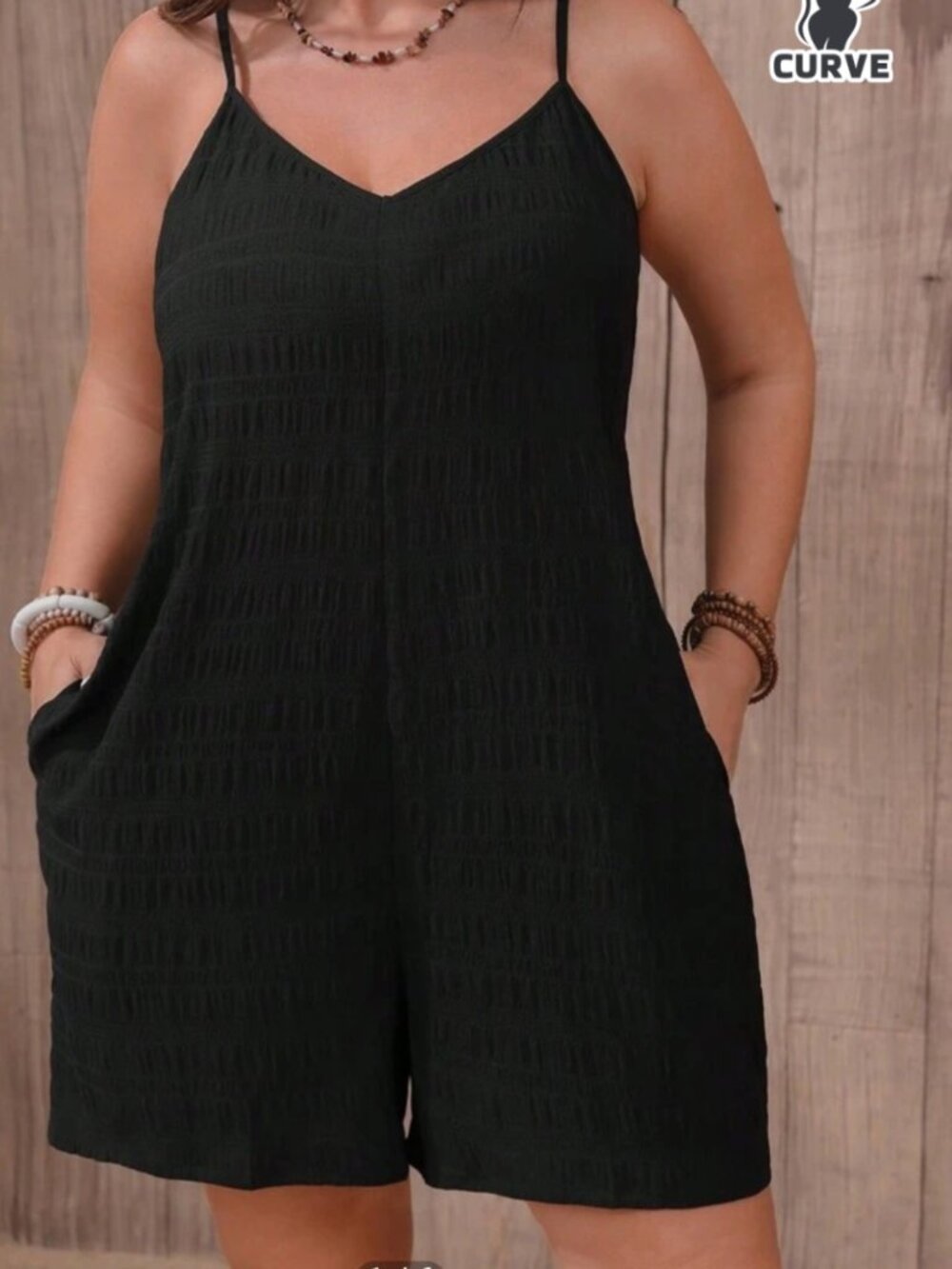 Women Plus Size Side Pockets Texture Strappy Summer Black Romper Size 0XL NEW